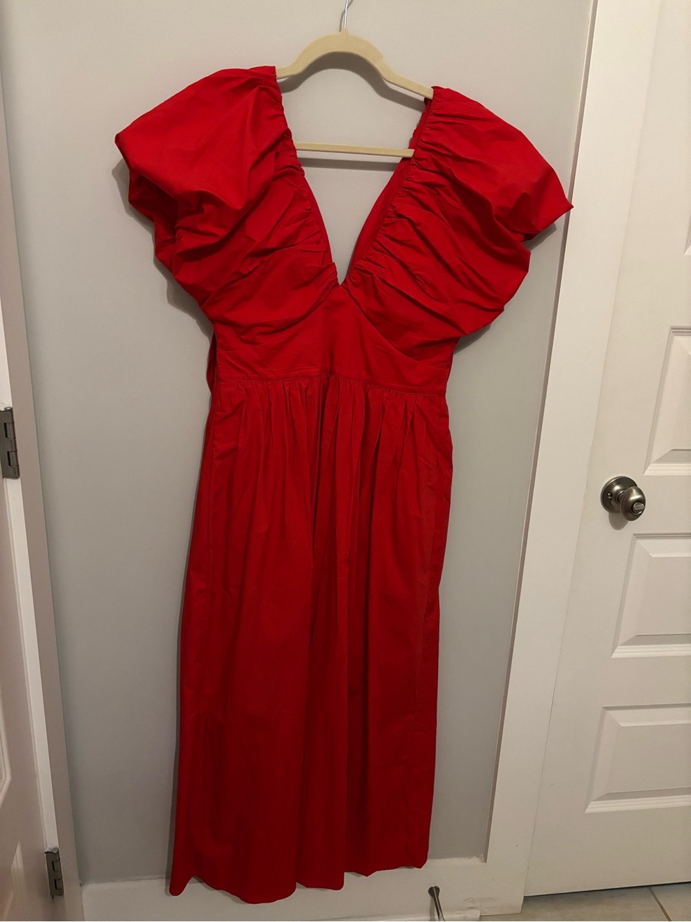 J. Crew Collection Red V-Neck Puff Sleeve Midi Dress